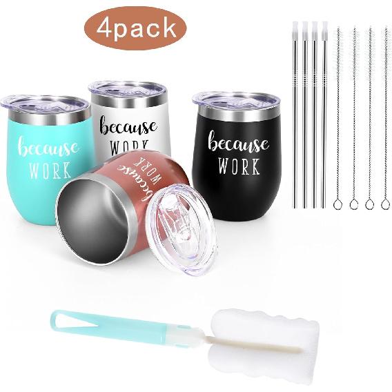Qtencas Coworker Gifts, 4 Pack because WORK Stainless Steel Wine Tumbler, Christmas Gifts for Coworkers Office Staff Employees, Funny Office Gifts