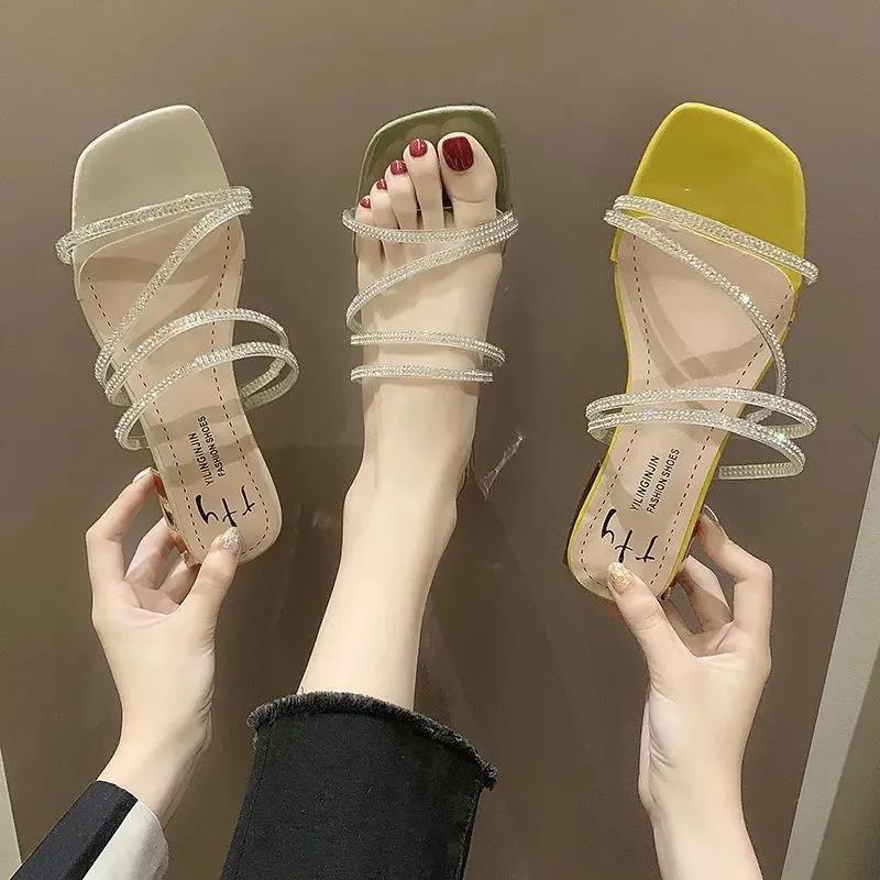 Cool Slippers Women's New Korean Version Summer Fashion Square Head Thick Heel High Heels Women's One-word Slippers