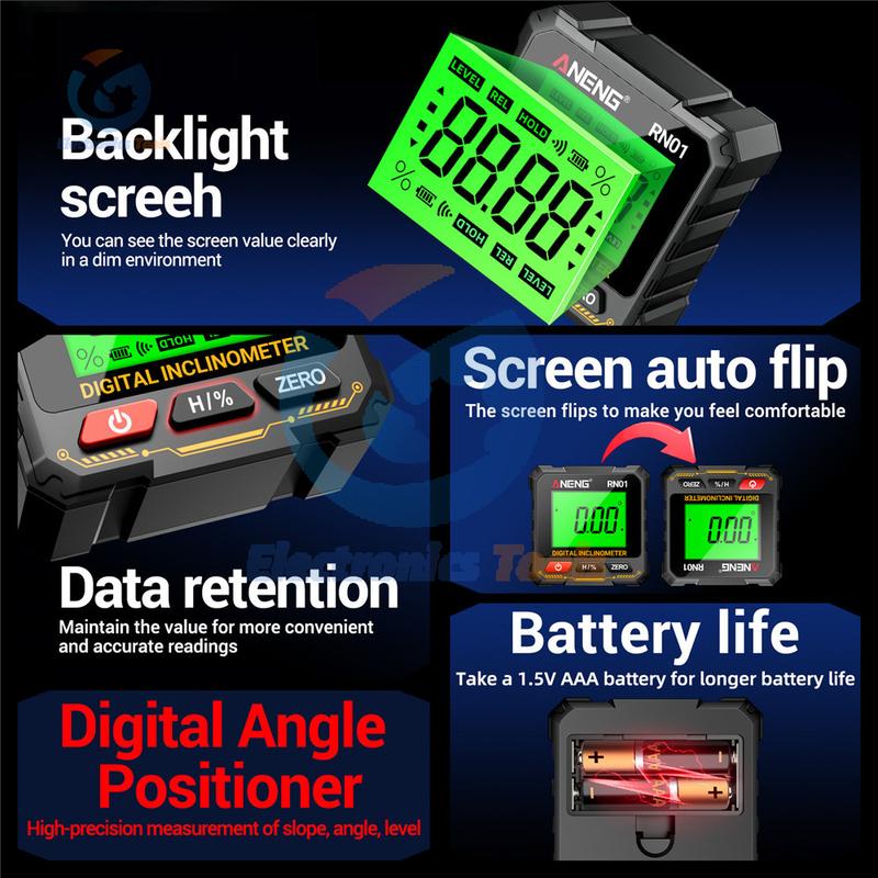 360 Degree Protractor RN01 Digital Angle Gauge Goniometer Four-sided Strong Magnetic Protractor Tester Measuring Tools