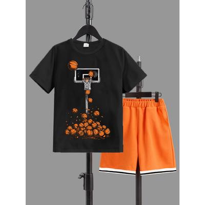 2PCS Boys' Basketball Pattern Round Neck Short Sleeved T-shirt and Shorts Casual Set Suitable Spring Summer Outings