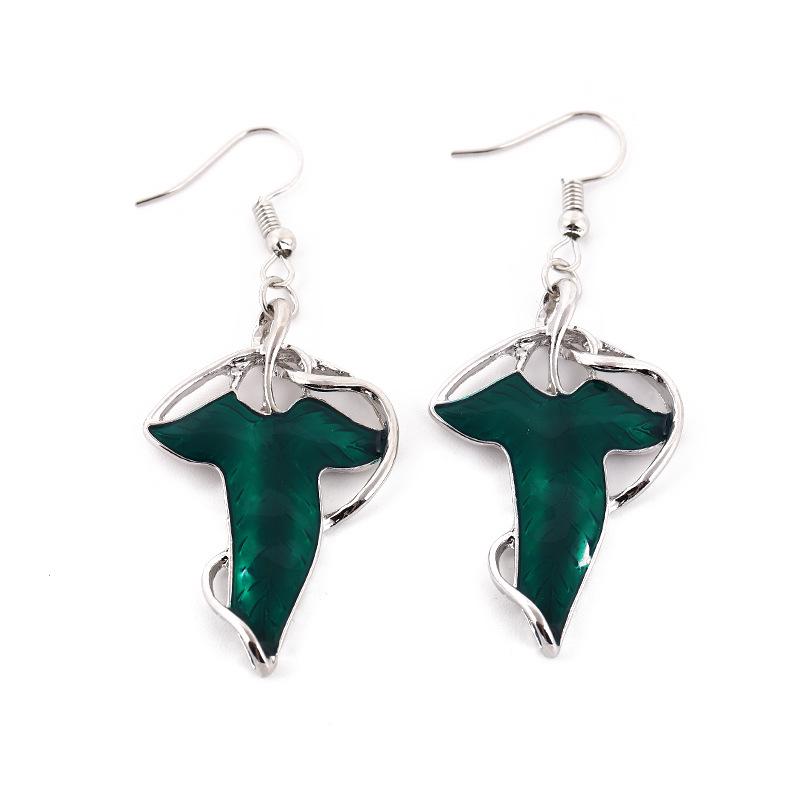 Europejsko-Amerykański Filmowy Zestaw Broszka-Naszyjnik i Kolczyki z Liściem - W Stylu Elfickim Władcy Pierścieni