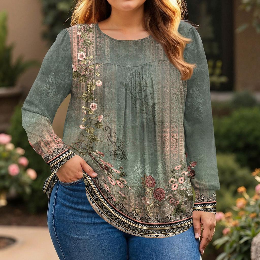 Dámské topy plus size košile s dlouhým rukávem kulatý výstřih splývavá tunika ležérní volná halenka L-5X