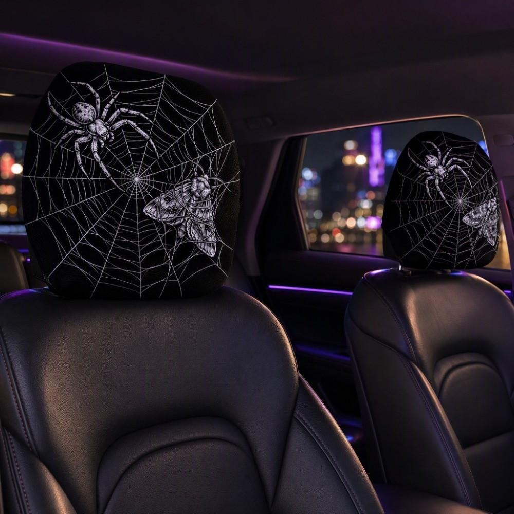 2PCS Cool Decorations Car Pillowcase Spider Web Car Seat Headcover Gift for Car Lover