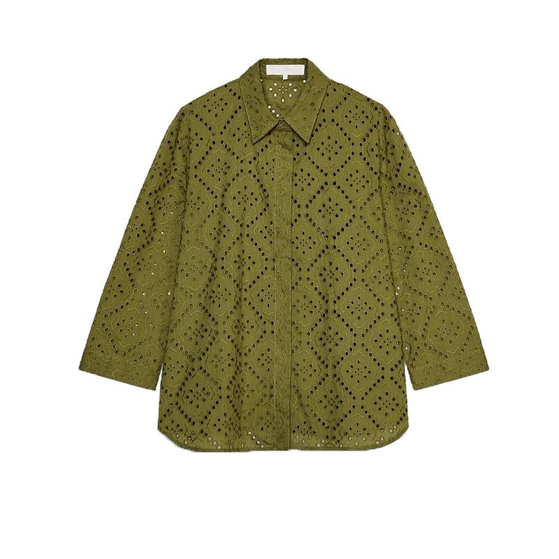 Spring New Women's Clothing Casual Single Row Multi-Buckle Cut Out Embroider Long Sleeves Lapel Shirt 4786075