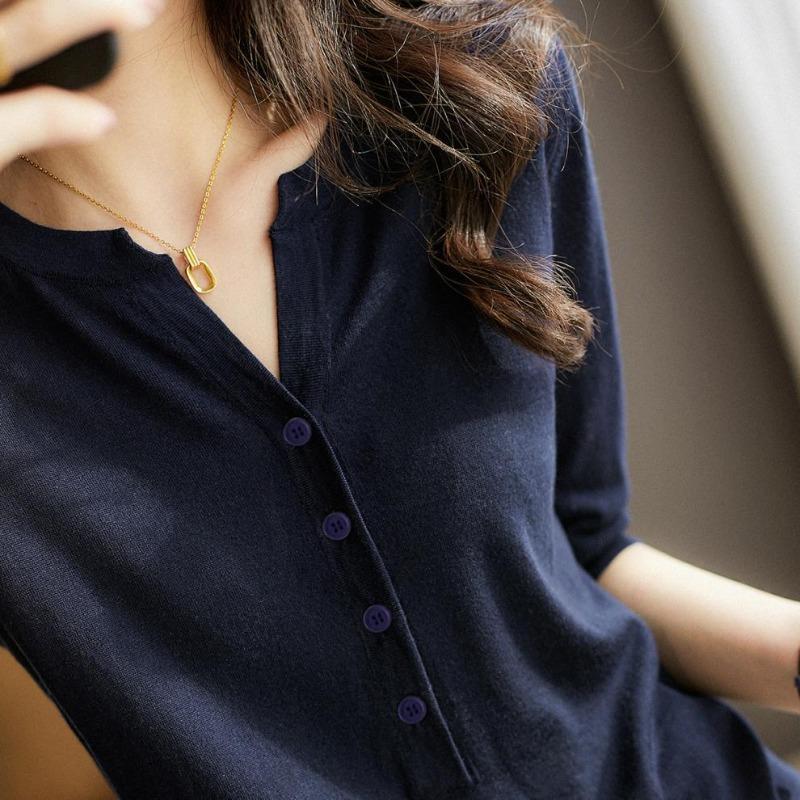 Summer Women's Five Quarter Sleeve V-neck Knitted Top for Women Blouses & Shirts