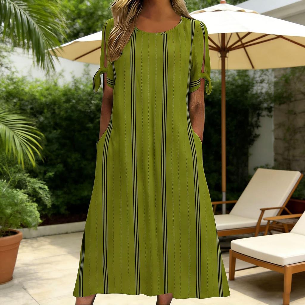 Women Summer Casual Round Neck Striped Dress Short Sleeve Loose Fit Midi Dress with Side Tie Sleeves and Pockets