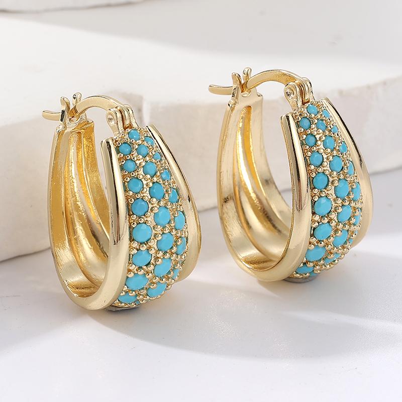 Women's Vintage Copper Material Inlaid Synthetic Turquoise Hoop Earrings Bohemian Style Elegant Golden Plated Jewelry Accessory