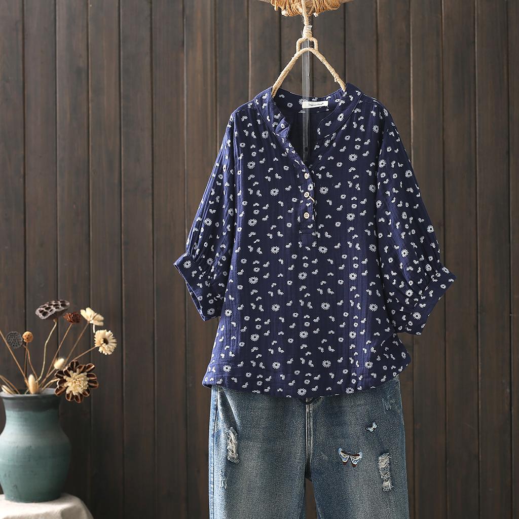 Cotton Yarn Shirts Large Size Tops Women Pastoral Style V Neck Half Sleeve Printed Shirts and Blouses Middle Aged Women