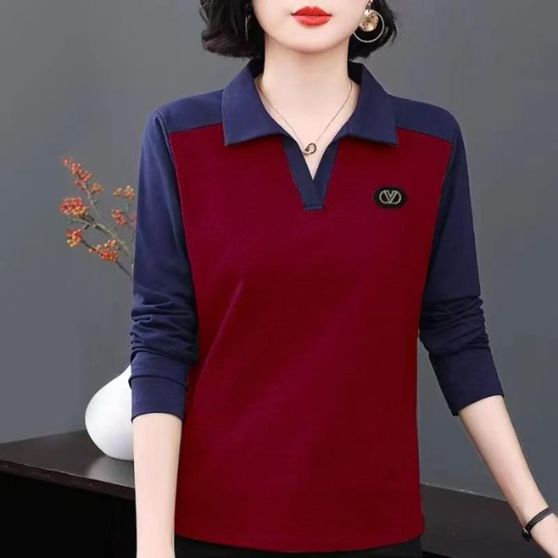 

Женская футболка с длинным рукавом, рубашка-поло с лацканами, повседневный контрастный пуловер, модный топ M красный