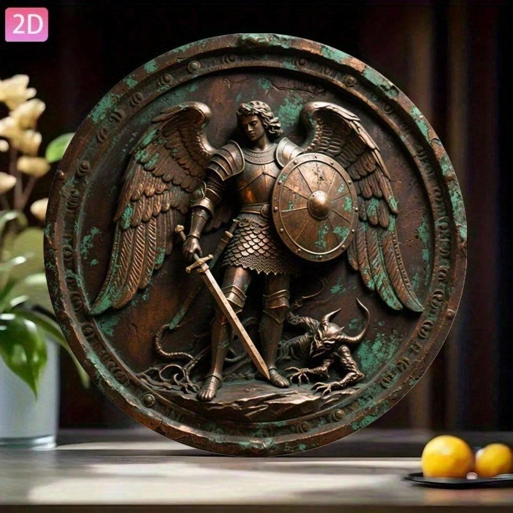 Vintage St Michael Archangel Metal Sign Bronze Aluminum Wall Art