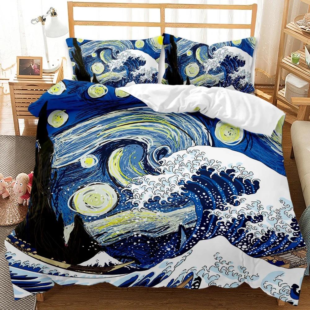 Japanese Style Comforter Cover Set Cherry Blossoms Crane 2/3Pcs Polyester Bedding Set Sea Waves Duvet Cover Set Twin Queen Size