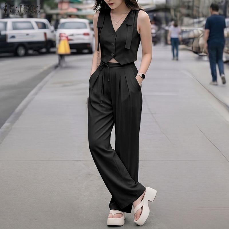 ZANZEA Women Sleeveless Blouse and Long Pants Summer Two Piece Suit Sets