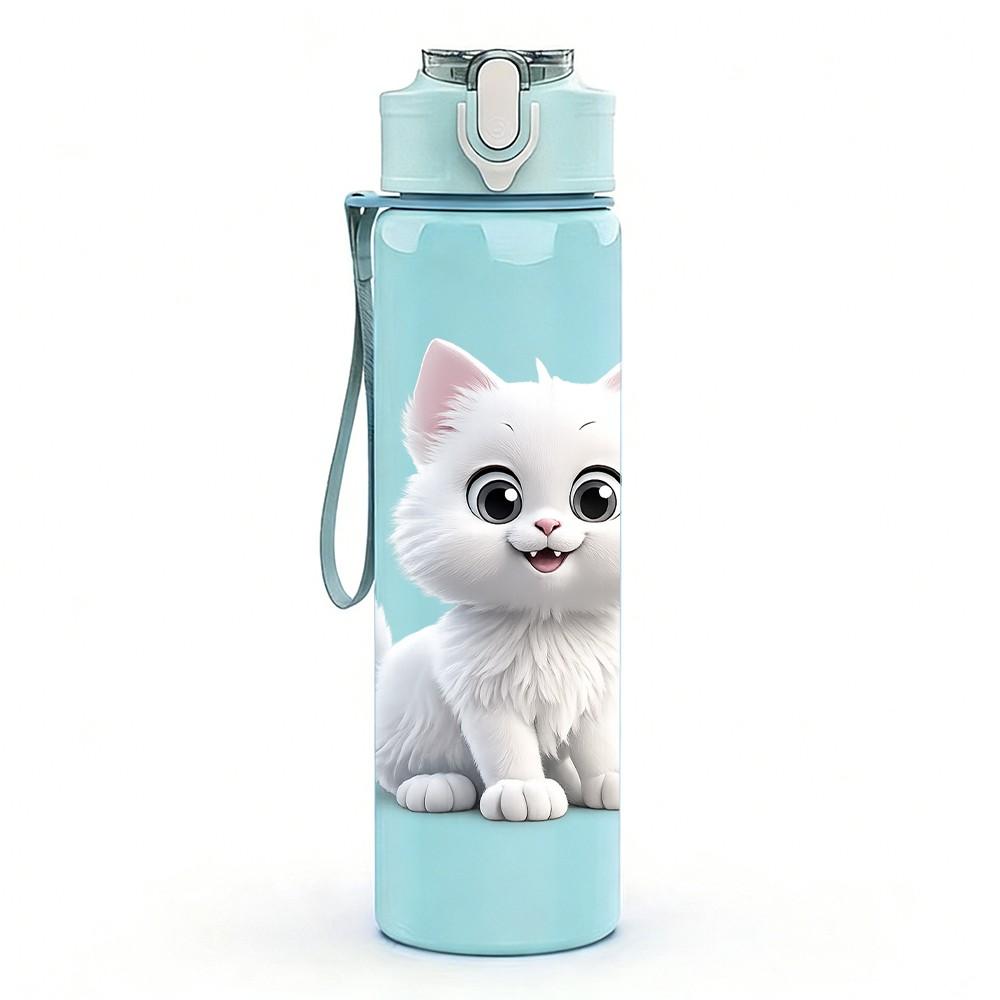 1PC Fluffy White Kitten Cat Cute Print 750ml Color Plastic Sports Water Bottle Leakproof Flip Straw Lid Suitable for Sports Office Home Use