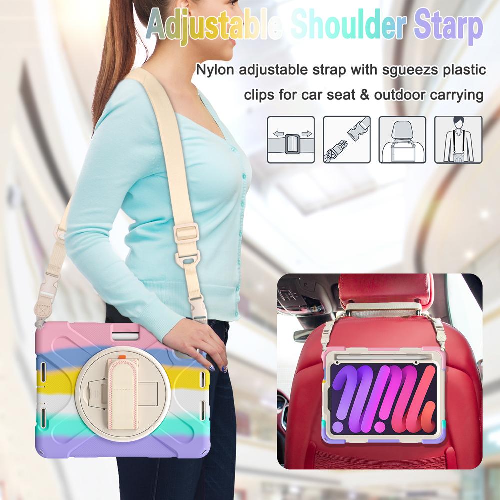 Shockproof Tablet Cases for 8.3'' IPad Mini (A17 Pro) 7/6 6th/7th 2024/2021 Case Cover Rotate Hand Strap PC Stand Silicone Shell