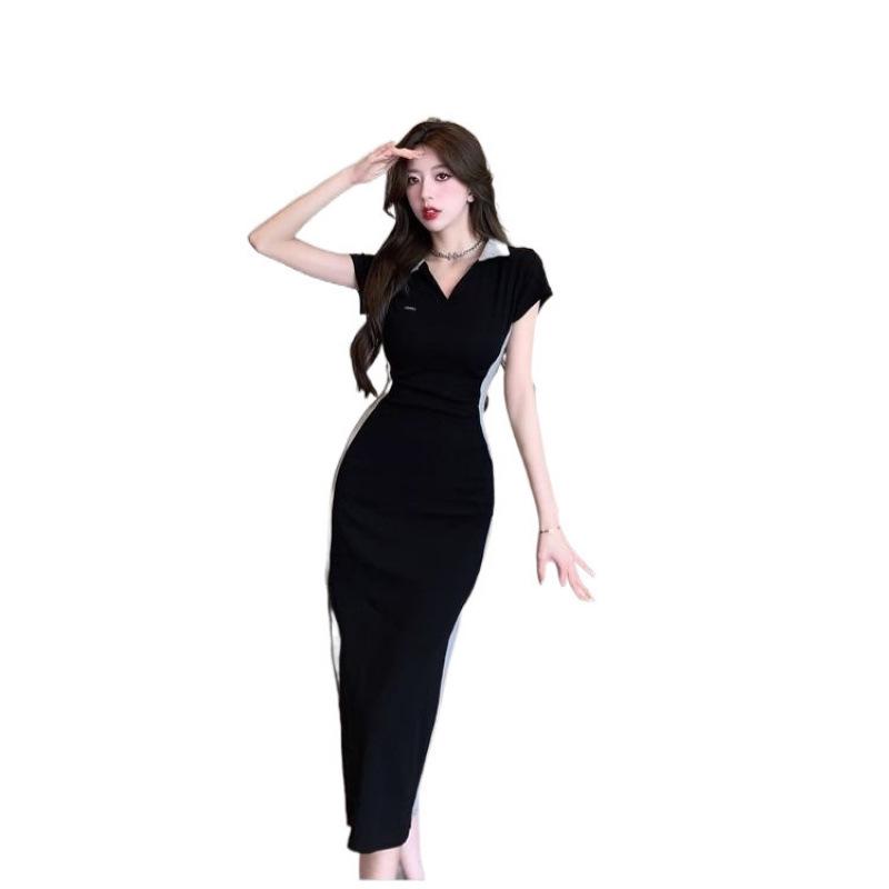 French Dopamine Spicy Girl Slimming Dress - Summer 2025 New Arrival, Color Block Patchwork, Long Slit Design