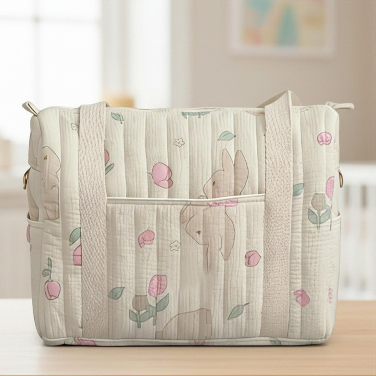 

Quilted Cute Floral Travel Bag with Zipper Closure Cotton Diaper Tote Bag Large Capacity for Women Travel Gym Weekend Workout