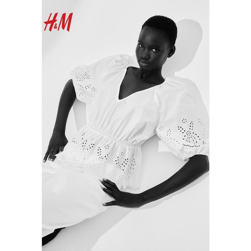 

HM 2025 Summer New Women clothes Hollow Embroidery Top 1271218 White 160/88(S)