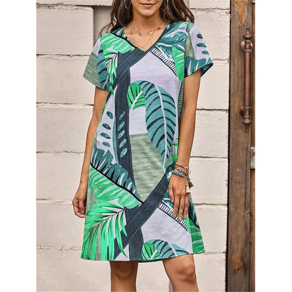 Women's Shift Dress Spring Summer V-Neck Fashion Casual Loose Skirt Floral Printed Short Sleeve Knee Length Dress