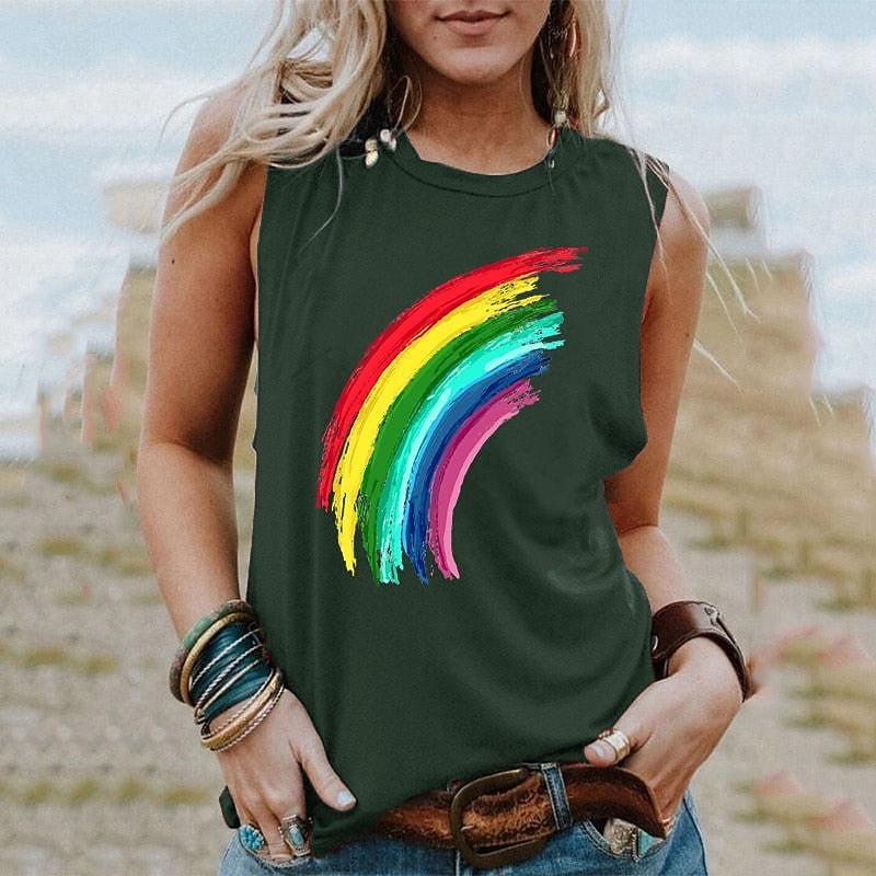 Canottiere Arcobaleno Estive Stampa 3D Donna Moda Casual Streetwear Oversize Scollo a O Canotta Senza Maniche Spalle Scoperte Donna Canottiera