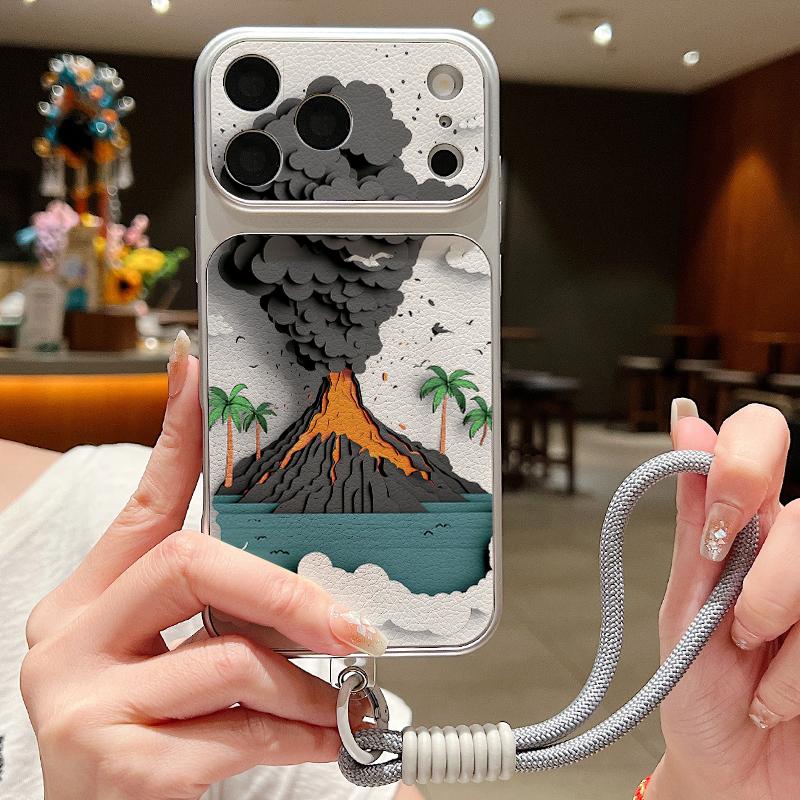 Mountain Road Print Leather Lanyard Case For iPhone 18 Pro Max 17 16 15 14 13 Pro Max Luxury Hybrid TPU+PU Anti-skid Soft Phone Cover