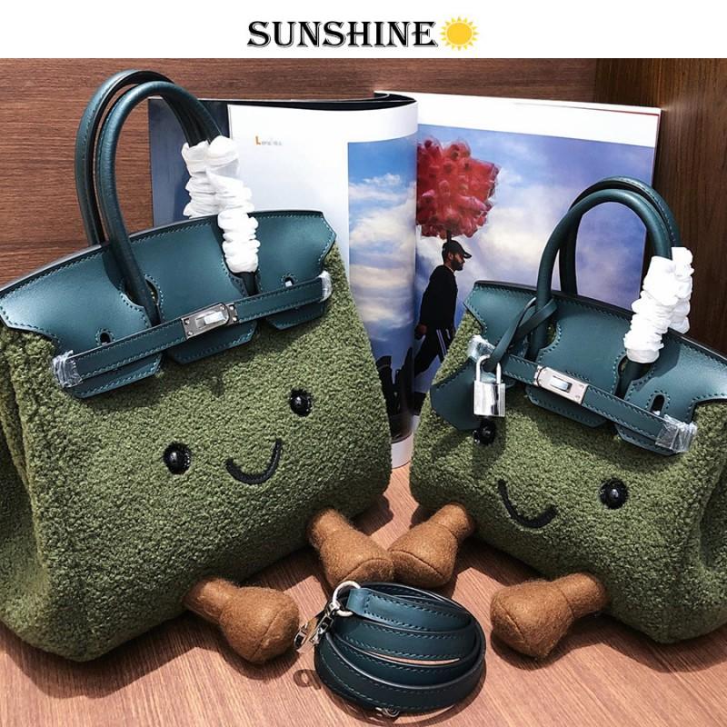 Cute Plush Smiley Crossbody Bag Top Grain Leather With Lamb Wool Fashion Single Shoulder