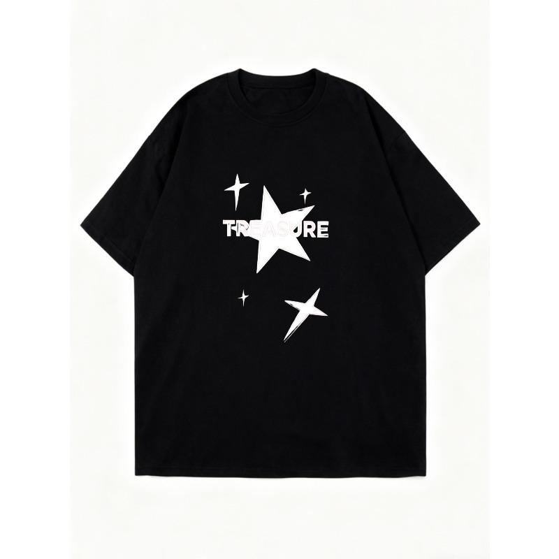 Black Oversized T-Shirt With Star Print And Treasure Text For Casual Wear