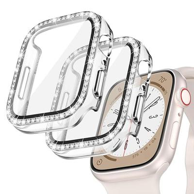 Protetor de Tela com Glitter e Diamantes Para Apple Watch Series 9 8 7 6 5 4 3 SE Com Capa de Vidro Temperado IWatch 45/41mm 40/44mm 42/38mm