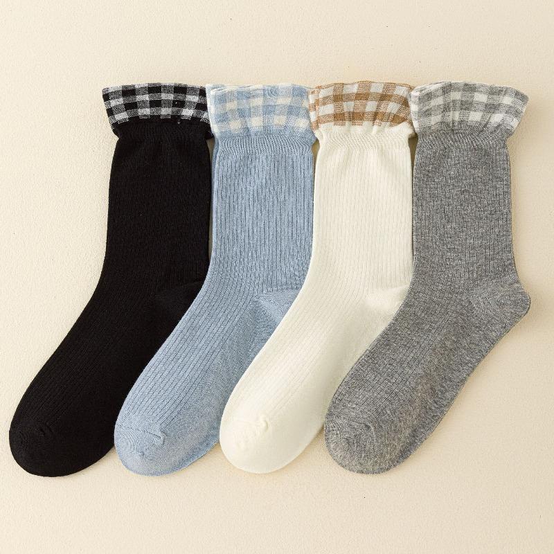 Ladies' Autumn Patchwork Checkered Lace Mid-calf Socks Are Comfortable and Versatile. Cotton Pile Socks