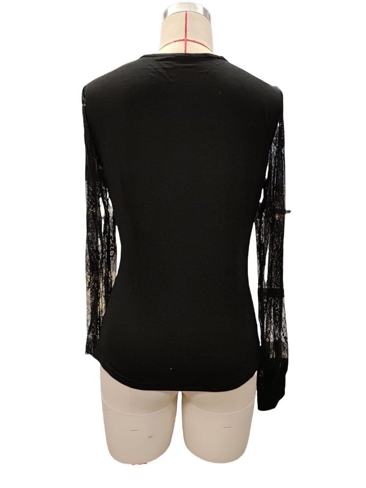 Elegant Lace Lace V-neck Splicing Loose Long-sleeved Solid Color T-shirt Skinny Tops Versatile Closet Essential Fashion Items Shirt