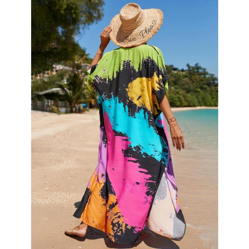 Damenmode Sommer Frühling Farbblockdruck Kurzarm V-Ausschnitt Lockere Taille Freizeitkleider