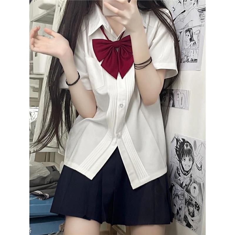 Women's Summer Short Sleeve Pleated White Top - College Style School Uniform