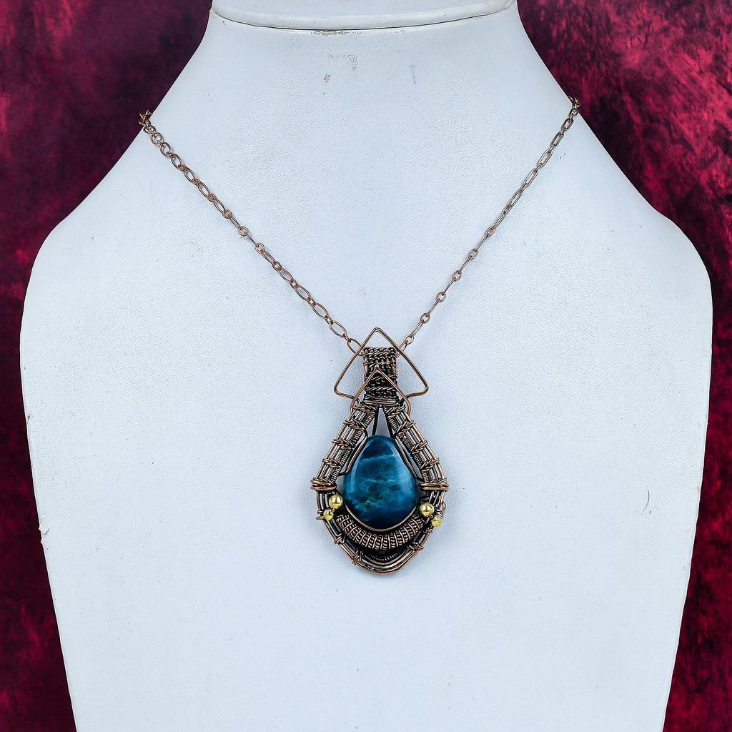 Neon Apatite Gemstone Pendant Handmade Pendant Copper Wire Wrapped Unique Jewelry