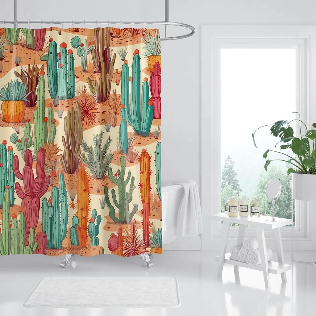 Multicolor Desert Cactus Shower Curtain Southwest Plants Tropical Style Bathroom Decorative Shower Curtain with 12 Hooks