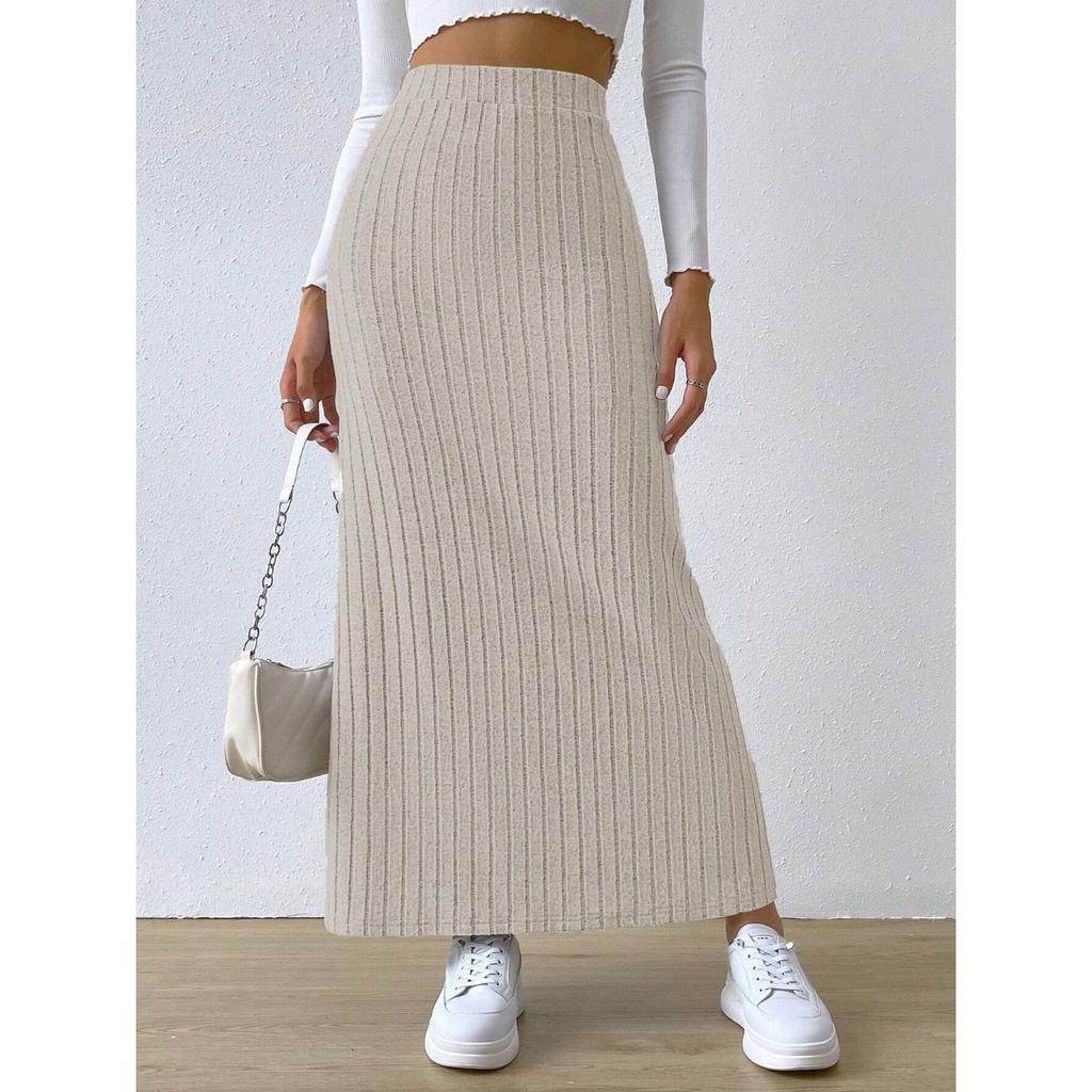 GMXIA Spring Summer High-waisted Side-slit Fitted Knitted Solid Color Women's Skirt