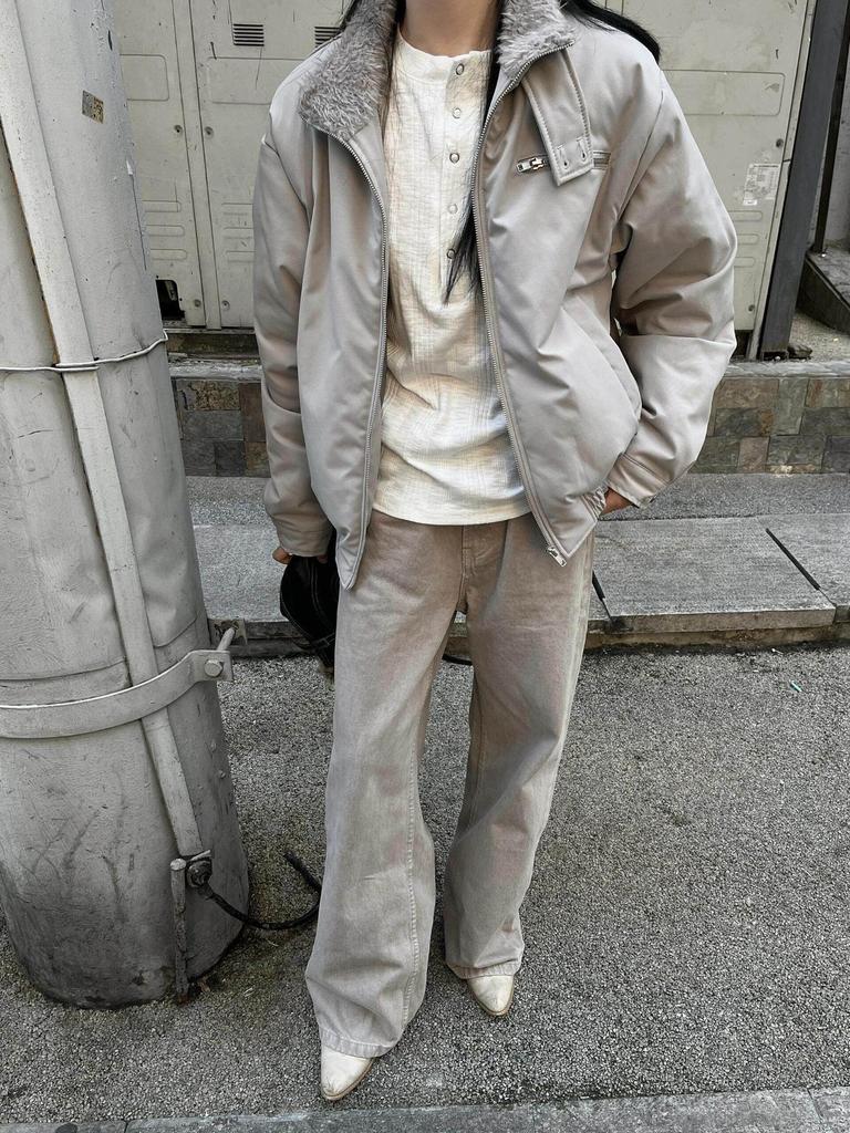 Cement Gray Winter Warm Fur Collar Cotton Harrington Bomber Jacket