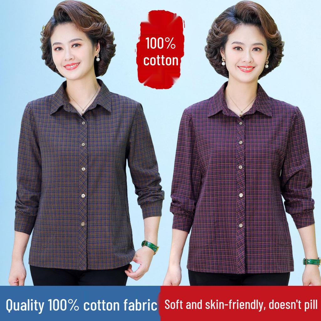 New Long-Sleeve Cotton Plaid Shirt for Women Aged 50-60