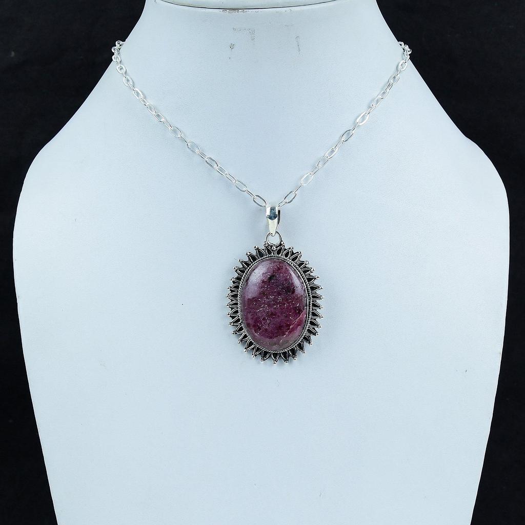 Natural Rhodonite Gemstone Silver Pendant in 925 Sterling Silver - Handmade Oval Design, Everyday Wear Jewelry Thanksgiving Gift