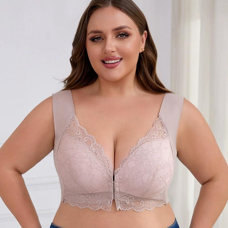 Women Plus Size Wide-strap Lace Bra Front Buckle Bra Gathering Bra