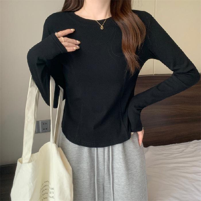 Trendy 2022 Autumn Spicy Girl Cropped Long Sleeve T-shirt for Women M чёрный