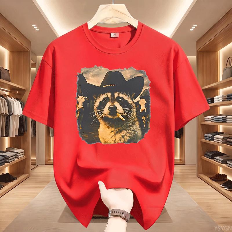 Funny Cowboy Raccoon Unisex Unisex Tshirt Animal Meme Graphic Tee Vintage Comfortable Short Sleeve Loose Tees Streetwear Tops