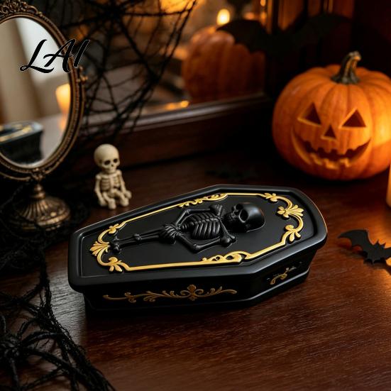 Halloween Atmosphere Prop Gothic Skull Casket Jewelry Box Resin Spooky Storage Figurine for Holder Rings Dark Tabletop Organizer Unique Gift
