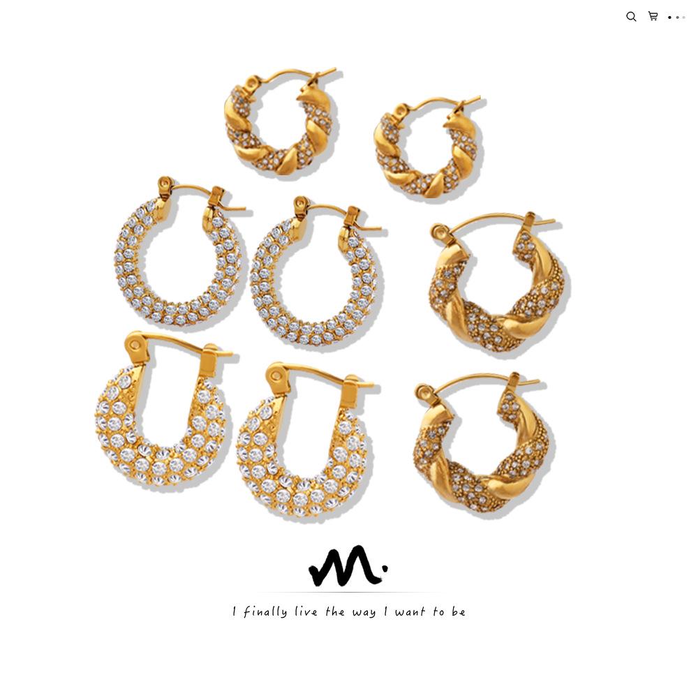 Light Luxury Retro Titanium Gold U-Shaped Rhinestone Geometric Earrings for Women