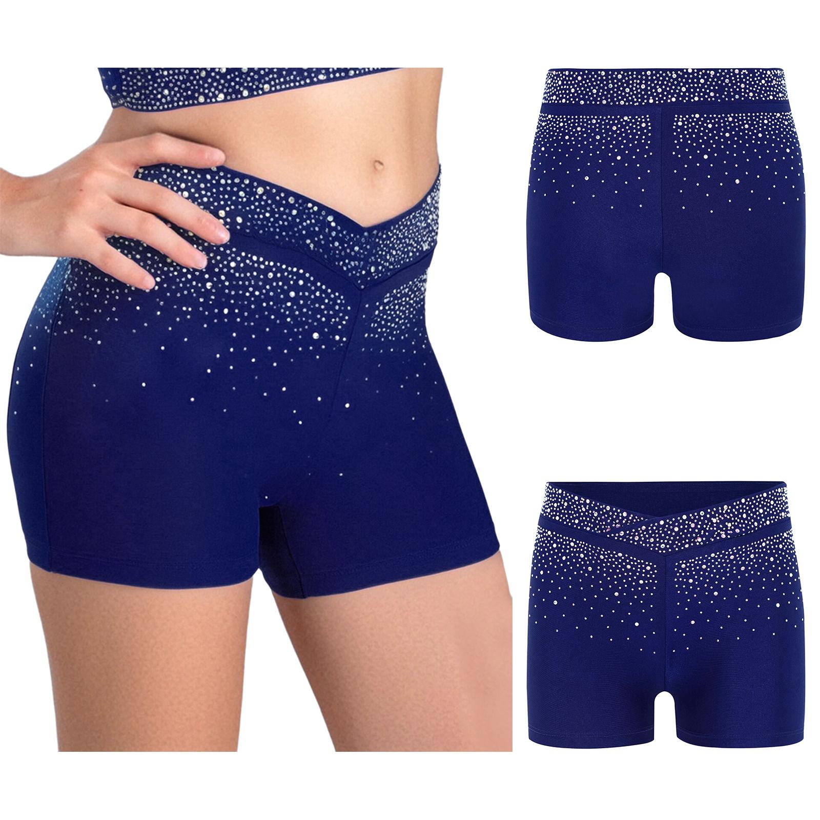 

Kids Dance Shorts with Sparkling Rhinestones V-Front Elastic Waistband for Gymnastics Performance 5-6 Years темно-синього кольору