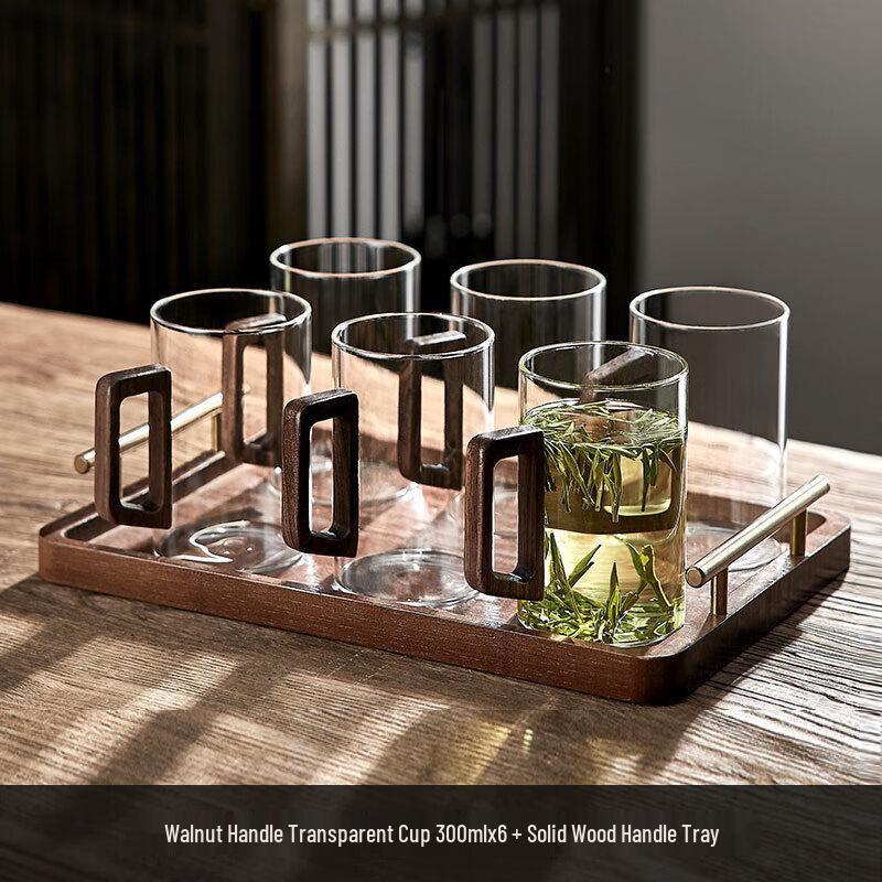 

Zhuopu High Borosilicate Glass Cup Set with Walnut Handles and Gold Tray
