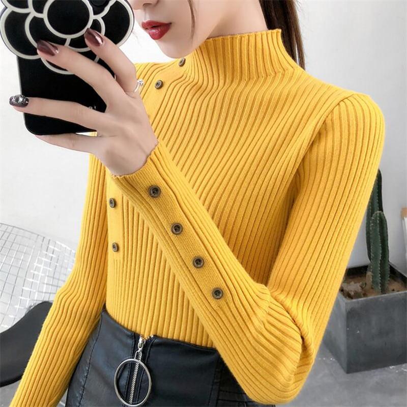 2020 frauen Herbst Gestrickte Pullover Solide Strickte Weibliche Baumwolle Weiche Elastische Farbe Pullover Taste Volle Hülse Rollkragen