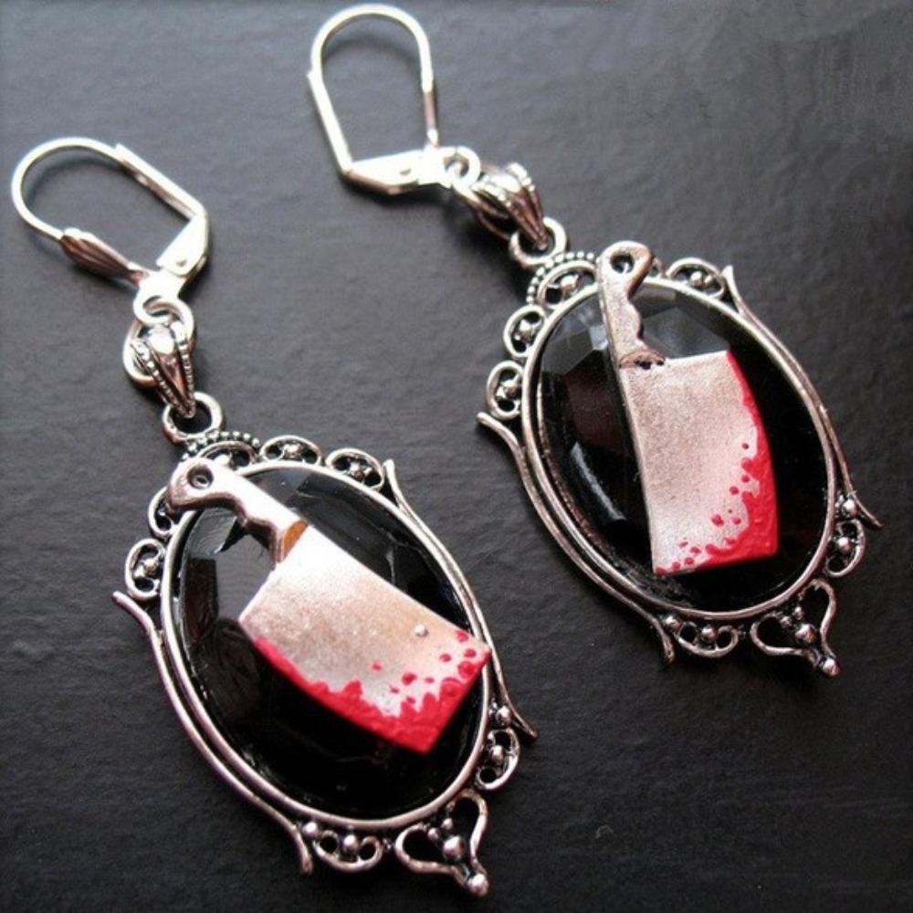 Gothic Sliver Color Geometric Oval Relief Bloody Meat Cutting Knife Dangle Earrings for Women Halloween Demon Style Jewelry