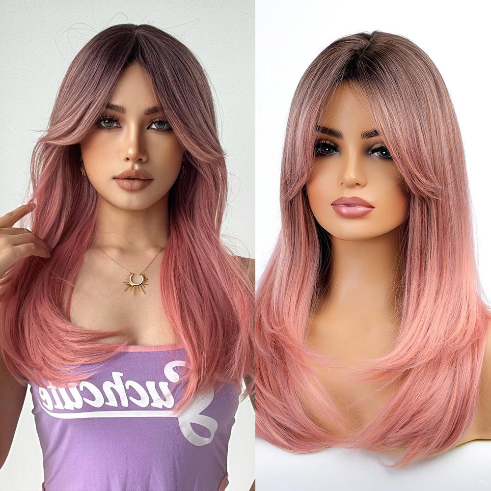 

Парик из химических волокон с постепенными розовыми длинными вьющимися волосами в европейском и американском стиле