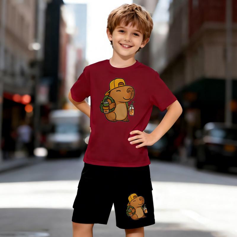 Boys 2 Piece Capybara Cute Print Outfit, Short Sleeve T-Shirt and Shorts Set for Kids Age 5-14, Black and White Sporty Casual Summer Clothes