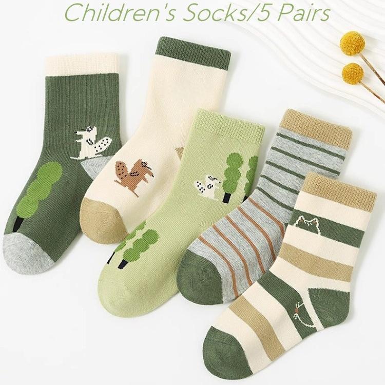 5 Pairs Kids Cotton Socks Spring Summer Breathable Toddler Baby Socks Cute Squirrel Cartoon Design Soft Comfortable