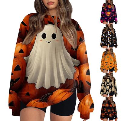 Women's Fashion Casual Long Sleeve Halloween Printed Neck Sweatshirt Top